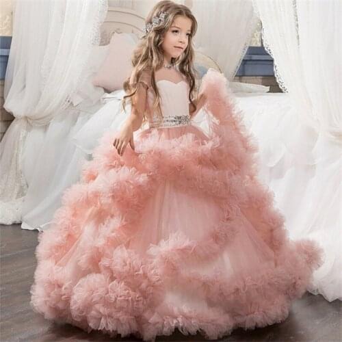 Princess Beads Girl Dresses Bow Lace Up Mulitlayered Ruffles Pageant Gowns with Girls Comminication Dress