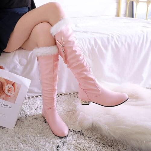 Winter Warm Knee High Boots Women Platform Wedges High Heels Snow Boots Slip On Winter Ladies Shoes White Black Pink