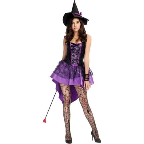 Adult Women Halloween Witch Costume Carnival Party Cosplay Sexy Purple Swallow Tail Witch Dress Suit