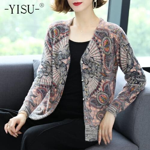 YISU Fashion Printted Women Sweater Cardigans Single Breasted Cardigans Coat Loose Sweater Imitation mink cashmere Cardigans