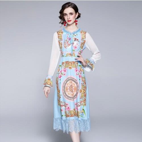 2021 New Arrivals Office Dress European American Women Lace Round Collar Trumpet Sleeve Fashion Print Dress