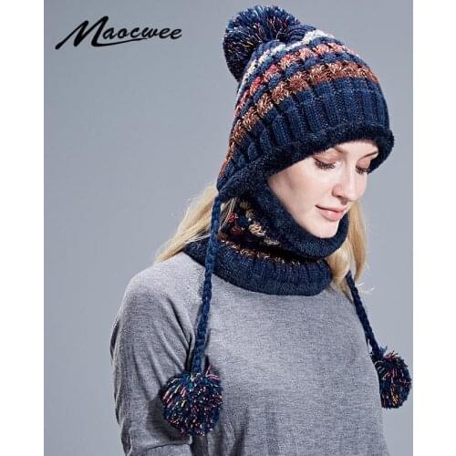 Winter Women Knitted Hat Scarf Two Pieces Set Fashion Wool Thickening Hat Collars Female Warm Hat Scarf Set Snow Caps