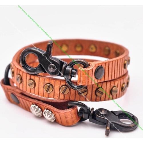 20.5" Quality Light Brown Screw Flower Stud Cowhide Leather Trucker Rock Biker Jean Wallet Chain Key Holder Trigger Hook Clasp