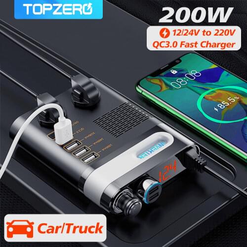 200W Car Power Inverter Cigarette Lighter DC 12V 24V To AC 220V Voltage Converter Charger Adapter 2 Socket 4 Ports USB Charger