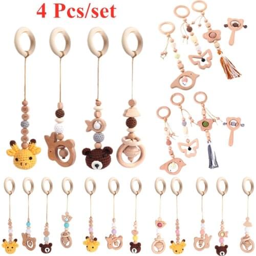 4 Pcs Beech Wood Baby Play Gym Frame Newborn Activity Fitness Rack Hanging Pendants Toys Crochet Rattle Teether Kids Room Decor