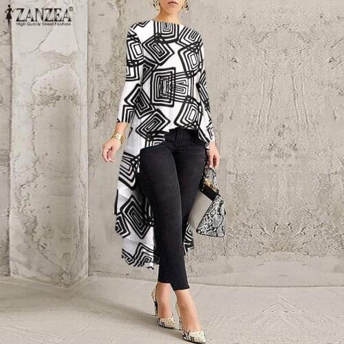 Women Casual Long Sleeve Blusa Irregular Blouse 2021 ZANZEA Elegant Geometric Printed Tops Female O Neck Tunic Chemise