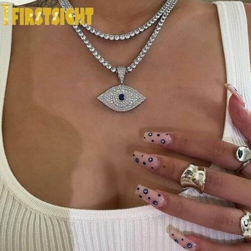 Iced Out Lucky Blue Eye Pendant Necklace With 5mm cz Tennis Chain Gold Silver color Zircon Eye Choker Women Hip hop Rock Jewelry
