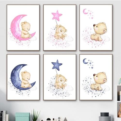 Child Nursery Poster Bear Moon Star Canvas Pink Blue Wall Art Print Animal Painting Nordic Picture Baby Kids Boy Girl Room Decor