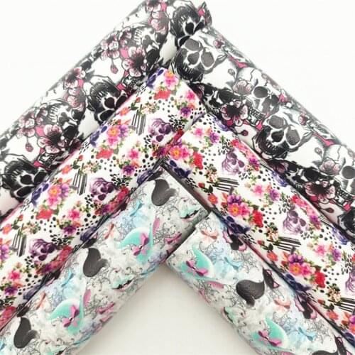 Halloween Skulls Cats Printed Synthetic Leather Faux Fabric Sheets Felt Backing Vinyl For Earrings bag Bows DIY GM2304A