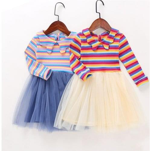 Baby Girls Lace Striped Dress Stitching Cute Birthday Party Dress Peter Pan Collar Princess Girl Mesh Dress Red Blue 1-5Y
