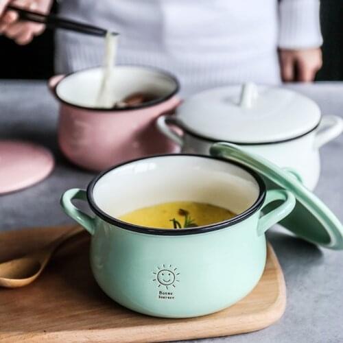 Candy-colored cute ceramic double-ear instant noodle bowl with lid soup bowl salad bowl small soup pot ramen bowl