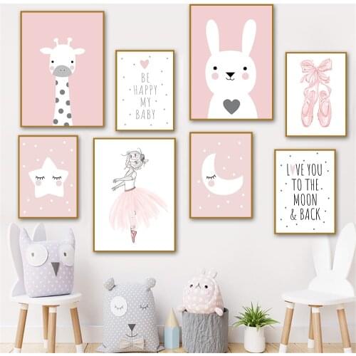 Pink Ballet Girl Print Star Moon Nursery Wall Art Poster Giraffe Rabbit Canvas Painting Nordic Wall Pictures For Baby Room Decor
