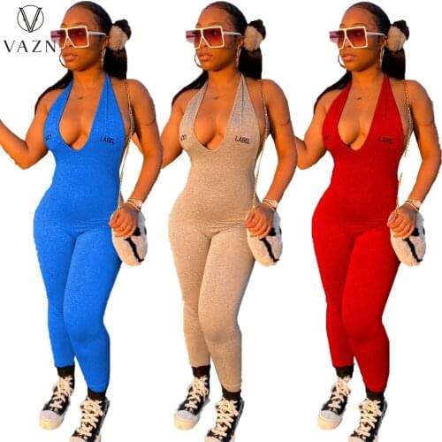 VAZN 2021 New Lucky Label Shinny Solid Slim Sexy Lady Women Party Beach Jumpsuits Full Pant Bandage Rompers