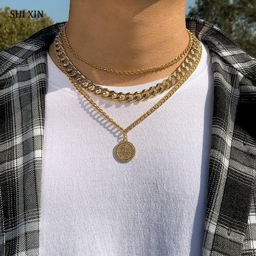 SHIXIN Hip Hop Chinese Character Coin Pendant Necklace Men Punk Thick Chains Choker Necklaces Set for Women 2021 Fashion Jewelry