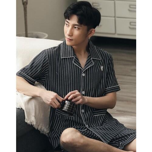Summer Men Pajamas Cotton 2 Pieces Fashion Sleepwear Pijama Mans Shorts Bedgown Home Clothes PJ Stripe 100% Pure Cotton Pajamas
