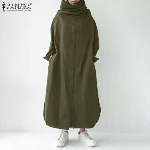 Fashion Turtleneck Hoodies Dress Women Autumn Sweatshirts ZANZEA Casual Long Sleeve Split Vestidos Female Button Robe