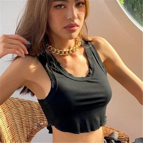 Sexy Womens Solid Color Sling Tops Low U-neck Ruffled Hem Slimming Short Vest Clothes for Summer