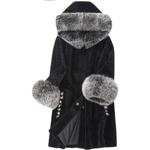 Womens Real Fur Coat Sheep Shearing Fur Coat Hood Winter Sheep Jacket fox collar mink fur Overcoat
