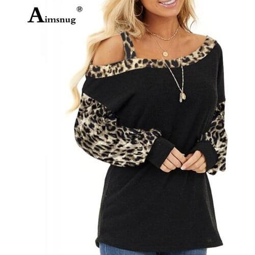 Plus Size 3xl Ladies Elegant T-shirt Leisure Casual Womens Top Autumn New Patchwork Leopard Skew Collar Tee Shirt Pullovers
