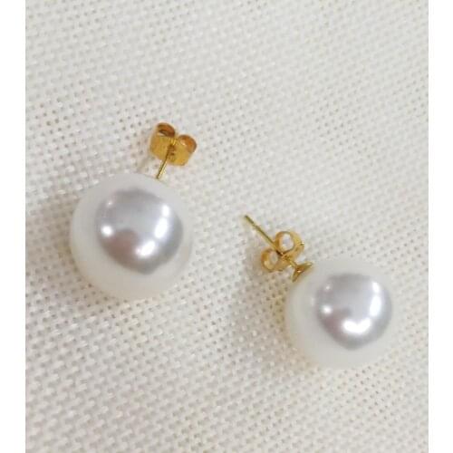 10mm white shell pearl Women Jewelry gold Stud Earrings round beads Natural South Sea Shell Pearl