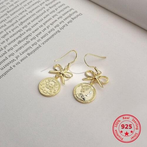 Korea New Style Silver 925 Womens Earrings Simple Fashion Chic Gold Coin Drop Earring Jewelry