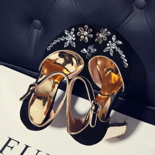 High-end custom real suede leather chunky high heel woman dress shoes luxury rhinestones buckle women chunky high heels