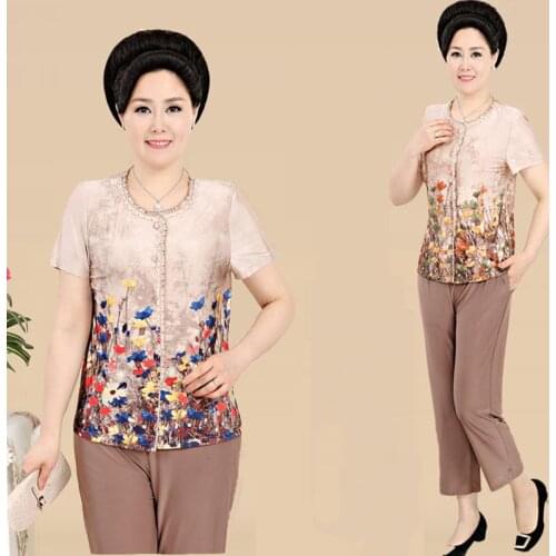 2pcs/Set, New Fashion Summer Middle-aged Mother Clothing Short Sleeve T-shirt Women Tops + Pants Suits Plus Size 4XL