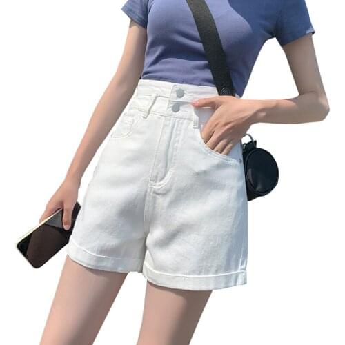 2021 Summer High Waist Loose Double Button Tummy Cuff White Hot Pants Jean Shorts