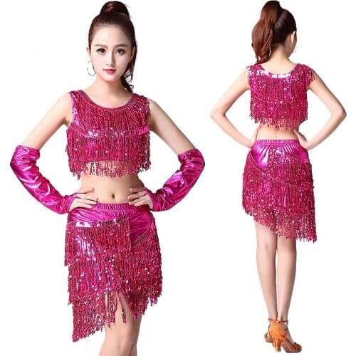 Latin dance costumes women salsa dancewear dance costume Skirt ballroom competition dresses tango adult fringe gold sequin 3pcs