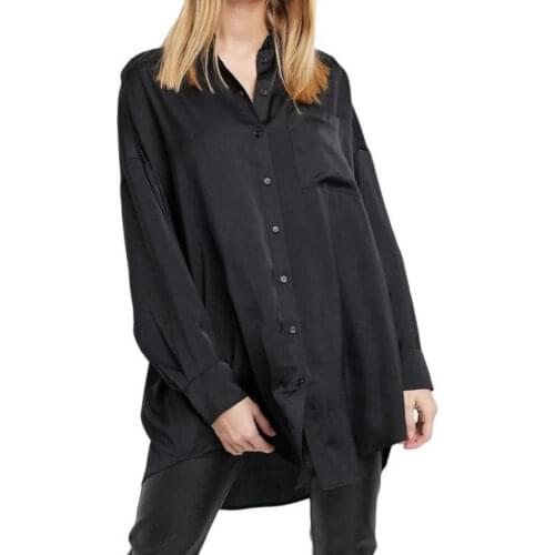 2021 Summer Women High Street Black Straight Loose Satin Shirts Office Lady OL Business Long Sleeve Vintage Button Tops Blouses