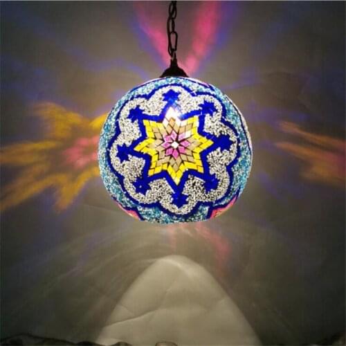Bohemia Mosaic Blue Glass Pendant Lamp Vintage Turkey Handmade Glass Suspension Drop Lamp for Foyer Bar Restaurant 1173