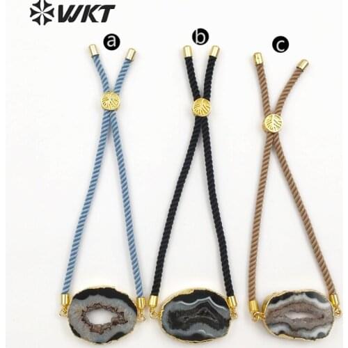 WT-B438 WKT Nautral stone bracelet classic style a gate stone connector with gold trim in random size colorful cotton rope chain