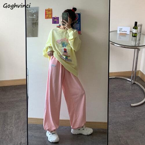 Casual Pants Women Loose BF Oversize Appliques Chic Harajuku Hip Pop Streetwear Vintage Teens Pink Trousers Leisure New Retro