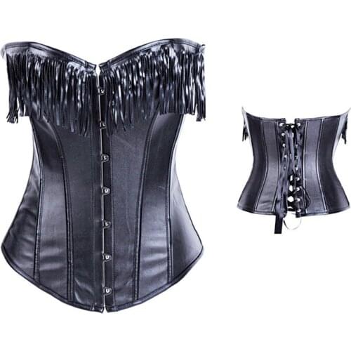 Black Faux Leather Corset Women Sexy Underwear Lace Up Corset Tassel Fringe Strapless Corsets & Bustiers Steampunk Clothing