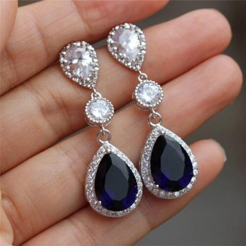 Huitan Elegant Ladys Dangle Earrings with Blue Cubic Zirconia Luxury Wedding Engagement Party Women Accessories Trendy Jewelry
