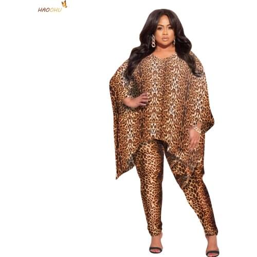 HAOOHU Womens Clothing 2 piece sets 2021 Autumn Plus Size 5XL Woman Leopard Print Fashion Tie-Dye Casual Two-Piece Suit Urban