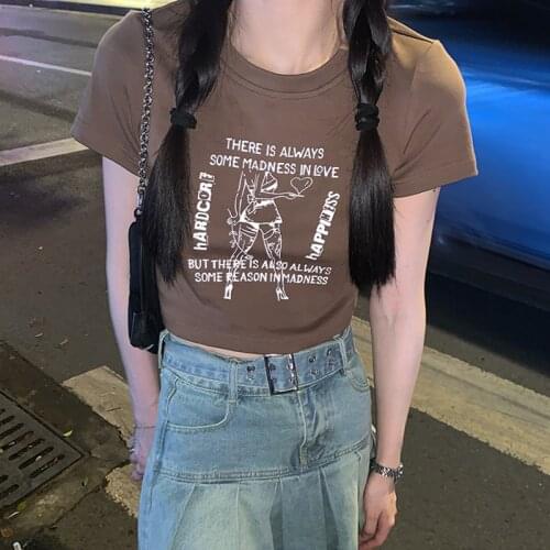 Japanese Manga Girl Crop Top Short-Sleeve Slim Round Neck Print Casual 90s Vintage Short Summer Harajuku Streetwear Goth T-Shirt