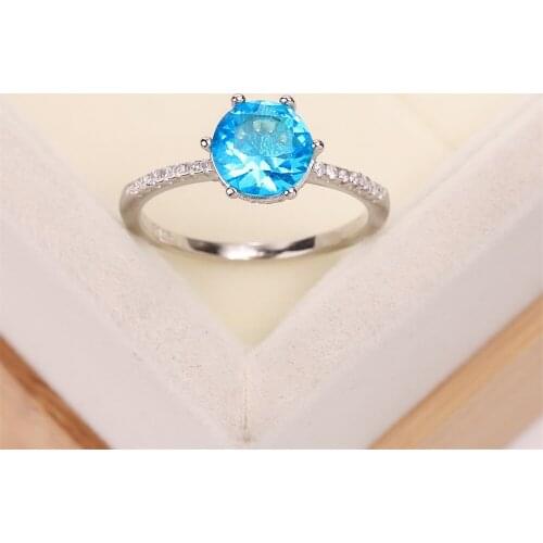 Best selling European and American S925 silver wedding ring six claw round zircon lady light blue crystal jewelry lady gift