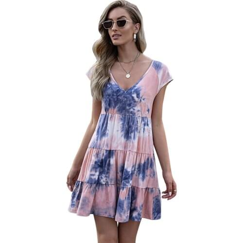 Fashion Tie-Dye Sexy V-Neck Short Sleeve Casual Women Mini Dress Summer Loose Ruffled Elegant A-Line Bohemian Beach Dress Female