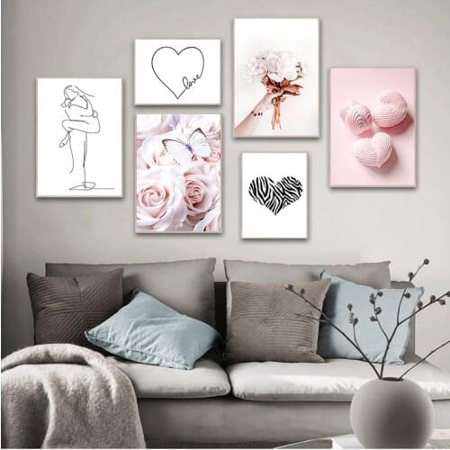 Pink Rose Butterfly Flower Swan Line Art Wall Art Canvas Painting Nordic Posters And Prints Wall Pictures For Living Room Decor