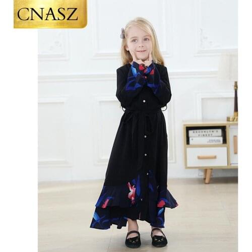 New Stylish Child Dress Parent Matching Buttons Dress Long Sleeve Daughter Black Dress Family Clothing Muslim Girl Dress