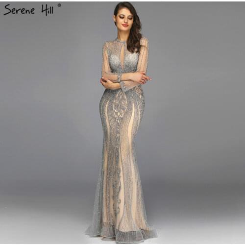 2020 Full Crystals Sexy O-Neck Mermaid Prom Gowns Dubai Long Sleeves Grey Luxury Prom Dresses Serene Hill BLA70116