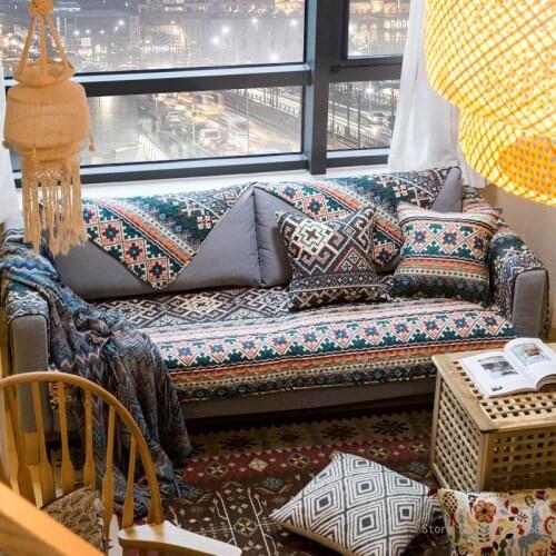 Romantic Turkish Bohemian National Style Cotton Fabric Sofa Cushion Dirty-resistant Wild Geometric Retro Towel Cover sofa cover