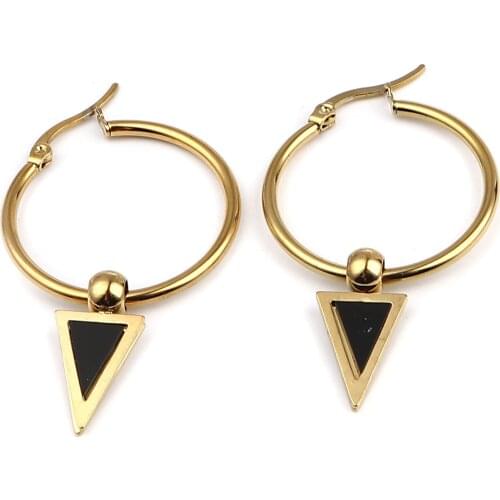 Hot Stainless Steel & Acrylic Hoop Earrings Gold Color Black /Red Circle Ring Triangle 1 Pair