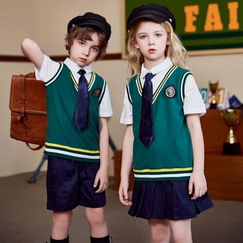 Student School Uniforms Girls Boys Kid Children Japanese Kindergarten Shirt Top Pleated Skirt Shorts Summer British Style Tie