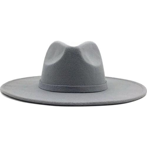 Wide Brim Fedora Hat For Women Solid Color Wool Felt Hat For Men Autumn Winter Panama Gamble gray Jazz Cap