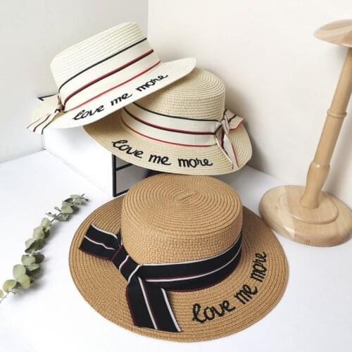 Elegant Womens Summer Hat Sun Protection Cap Female Flat Top Wide Brim Hat Embroidered Letters Straw Hat Beach Hat Sun Hats