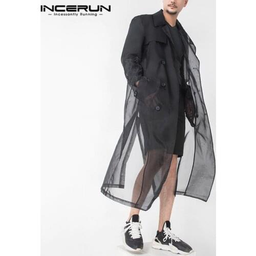 Fashion Double Breasted Outerwear Thin See Through Streetwear Coats INCERUN Mens Mesh Trench Long Sleeve Lapel Long Jackets 5XL