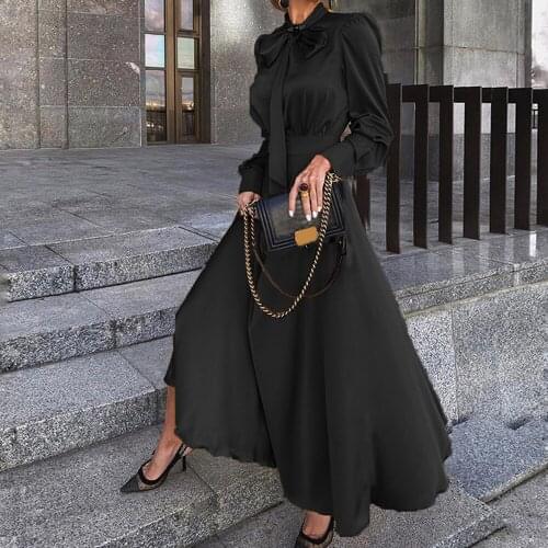 Vintage Bow Tie High Waist Dress Women A-Line Maxi Dress Autumn Full Sleeve Party Proms Dresses Plus Size Fashion Female Dress