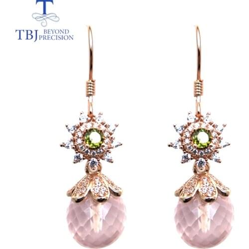 TBJ,New style hook earring natural rose aquatz ball and tourmaline gemstone 925 sterling silver jewelry best gift for lady